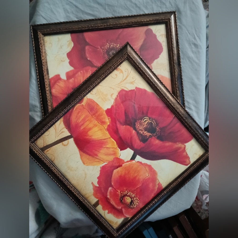 Lot of 2 12x12 Framed Poppy Prints Red Orange  Yellow Beige Brushed Gold Brown